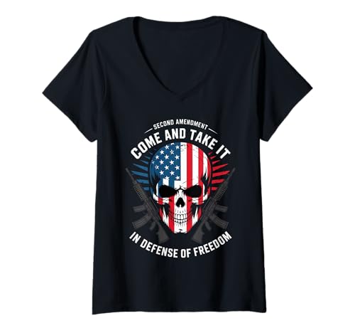 Damen Zweiter Verfassungszusatz: Skull Come and Take It, USA, Freedom Retro T-Shirt mit V-Ausschnitt von Funny Ammo Gun Lovers Saying Gun Owner Gift Ideas