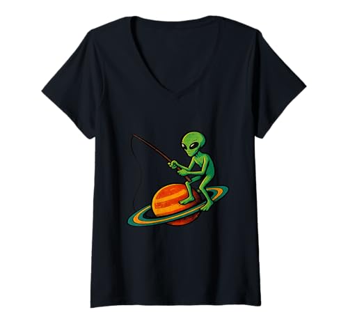 Damen Alienfischen auf dem Planeten Saturn T-Shirt mit V-Ausschnitt Damen Alienfischen auf dem Planeten Saturn T-Shirt mit V-Ausschnitt von Funny Ancient Astronaut Aliens Gifts And Accessory