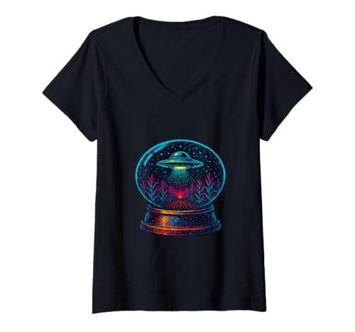 Damen UFO Schneekugel Alien Entführungsszene T-Shirt mit V-Ausschnitt Damen UFO Schneekugel Alien Entführungsszene T-Shirt mit V-Ausschnitt von Funny Ancient Astronaut Aliens Gifts And Accessory