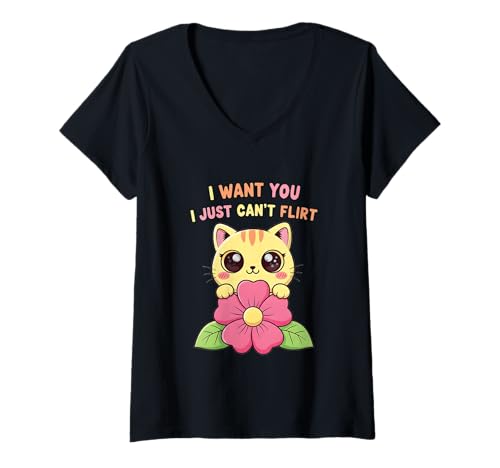 Damen Süße Kawaii-Katze | I Want You I Just Can't Flirt T-Shirt mit V-Ausschnitt Damen Süße Kawaii-Katze | I Want You I Just Can't Flirt T-Shirt mit V-Ausschnitt von Funny And Sarcastic Apparel