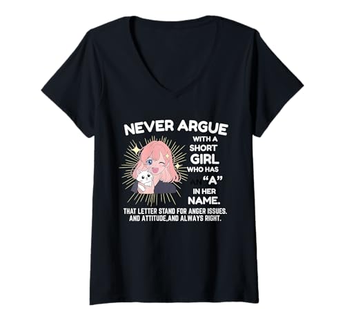 Damen Streite Niemals mit einem kleinen Mädchen, das EIN A in ihrem Namen hat Anime T-Shirt mit V-Ausschnitt Damen Streite Niemals mit einem kleinen Mädchen, das EIN A in ihrem Namen hat Anime T-Shirt mit V-Ausschnitt von Funny Angry Short Girl Humor Tee With A Names Joke