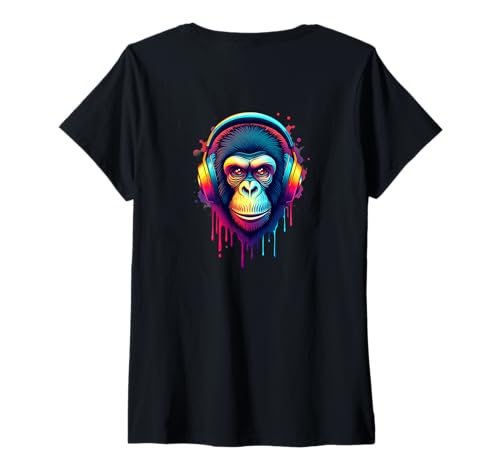 Damen AFFE mit Kopfhörern, bunt, Retro-Musikliebhaber T-Shirt mit V-Ausschnitt von Funny Animal Beats