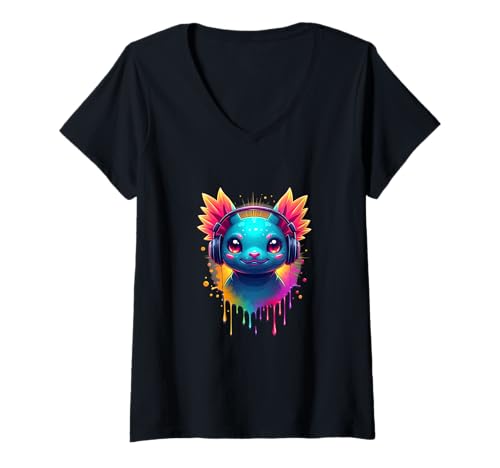 Damen Axolotl mit Kopfhörern, buntes Retro-Musik-Design T-Shirt mit V-Ausschnitt von Funny Animal Beats