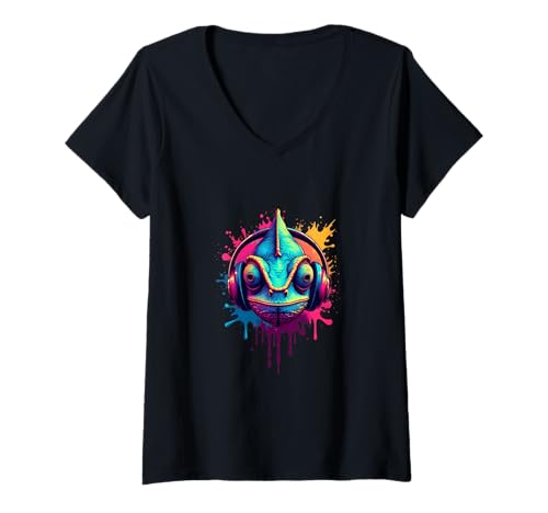 Damen Chamäleon mit Kopfhörern, Bunte Retro-Musik T-Shirt mit V-Ausschnitt von Funny Animal Beats