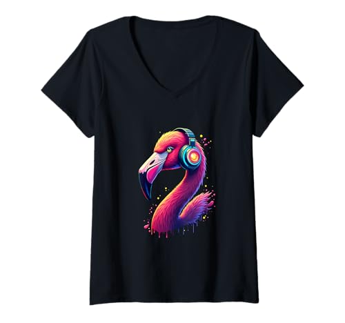Damen Flamingo mit Kopfhörern, bunt, Retro-Musikliebhaber T-Shirt mit V-Ausschnitt von Funny Animal Beats