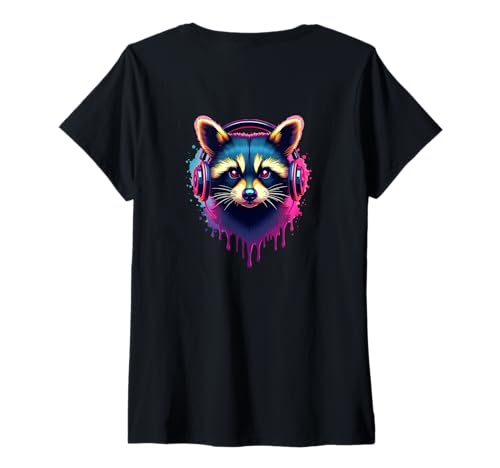 Damen Waschbär mit Kopfhörern, bunt, Retro-Musikliebhaber T-Shirt mit V-Ausschnitt von Funny Animal Beats
