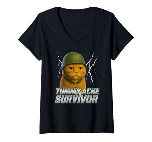 Damen Bauchschmerzen Survivor, Lustiges Katzenmeme & Spruch, Bauchschmerzen T-Shirt mit V-Ausschnitt Damen Bauchschmerzen Survivor, Lustiges Katzenmeme & Spruch, Bauchschmerzen T-Shirt mit V-Ausschnitt von Funny Animal Designs & Graphics For Women & Men