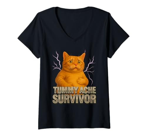 Damen Bauchschmerzen & Bauchschmerzen Survivor, Lustiges Katzenmeme & Spruch T-Shirt mit V-Ausschnitt Damen Bauchschmerzen & Bauchschmerzen Survivor, Lustiges Katzenmeme & Spruch T-Shirt mit V-Ausschnitt von Funny Animal Designs & Graphics For Women & Men