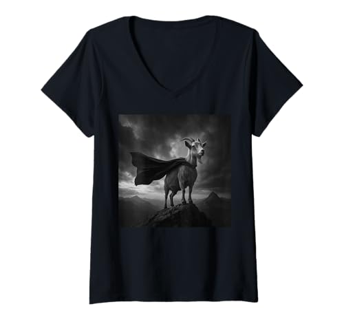 Damen Heldenhafte Ziege im Umhang stehend auf Berggipfel T-Shirt mit V-Ausschnitt von Funny Animal Epic Adventure Wear