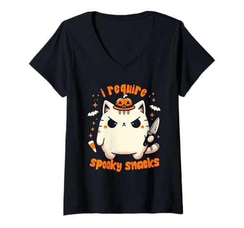 Damen Ich benötige gruselige Snacks Moody Cat Halloween T-Shirt mit V-Ausschnitt Damen Ich benötige gruselige Snacks Moody Cat Halloween T-Shirt mit V-Ausschnitt von Funny Animal Humor Snack Lover Halloween Cat