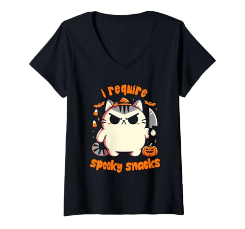 Damen Ich benötige gruselige Snacks Moody Cat Halloween T-Shirt mit V-Ausschnitt Damen Ich benötige gruselige Snacks Moody Cat Halloween T-Shirt mit V-Ausschnitt von Funny Animal Humor Snack Lover Halloween Cat