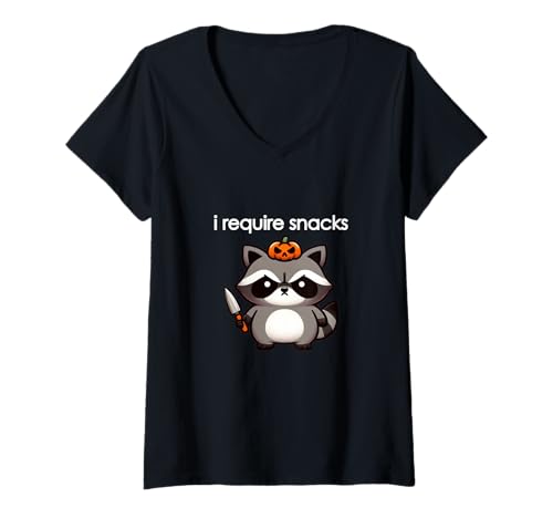 Damen Ich benötige gruselige Snacks Angry Raccoon Halloween T-Shirt mit V-Ausschnitt Damen Ich benötige gruselige Snacks Angry Raccoon Halloween T-Shirt mit V-Ausschnitt von Funny Animal Humor Snack Lover Halloween Racoon