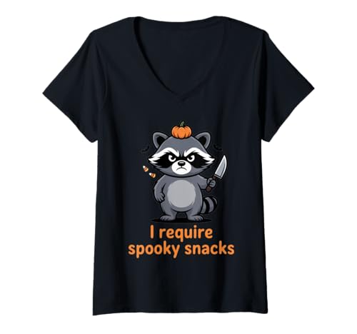 Damen Ich benötige gruselige Snacks Angry Raccoon Halloween T-Shirt mit V-Ausschnitt Damen Ich benötige gruselige Snacks Angry Raccoon Halloween T-Shirt mit V-Ausschnitt von Funny Animal Humor Snack Lover Halloween Racoon