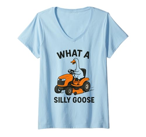 Damen Lustige Gans auf einem Rasenmäher Gartenbauernhof T-Shirt mit V-Ausschnitt Damen Lustige Gans auf einem Rasenmäher Gartenbauernhof T-Shirt mit V-Ausschnitt von Funny Animal Jokes For Kids
