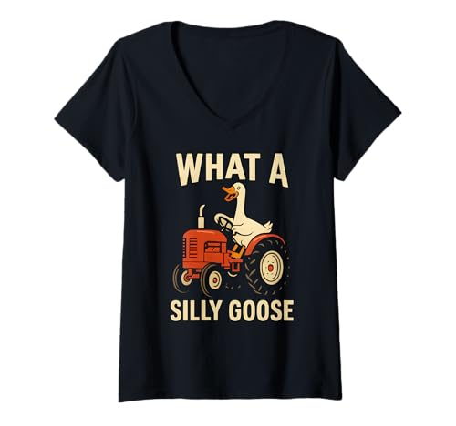 Damen Lustige Gans fährt einen Traktor und füttert die Entenfarm T-Shirt mit V-Ausschnitt Damen Lustige Gans fährt einen Traktor und füttert die Entenfarm T-Shirt mit V-Ausschnitt von Funny Animal Jokes For Kids