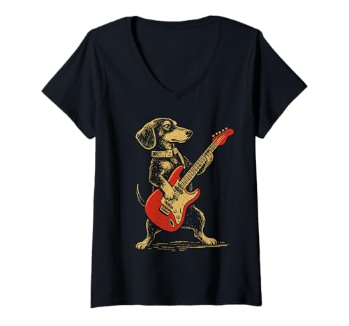 Damen Vintage Dackel spielt Gitarre Lustiges Rockmusik Hund Design T-Shirt mit V-Ausschnitt Damen Vintage Dackel spielt Gitarre Lustiges Rockmusik Hund Design T-Shirt mit V-Ausschnitt von Funny Animal Lover Guitar Music Designs