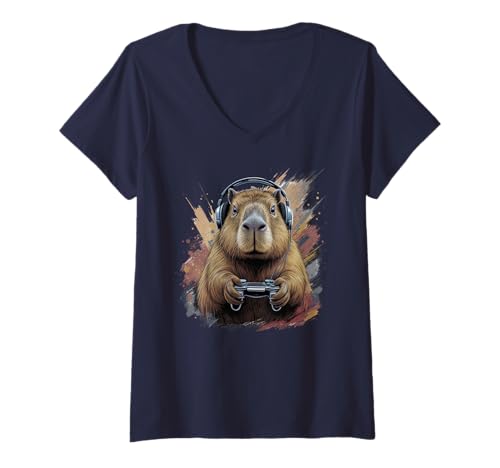 Damen Capybara spielt Videospiele Lustiges Spielen T-Shirt mit V-Ausschnitt Damen Capybara spielt Videospiele Lustiges Spielen T-Shirt mit V-Ausschnitt von Funny Animal Lover Outfit Gifts Boy Girl Kids