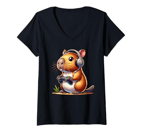 Damen Capybara spielt Videospiele Lustiges Spielen T-Shirt mit V-Ausschnitt Damen Capybara spielt Videospiele Lustiges Spielen T-Shirt mit V-Ausschnitt von Funny Animal Lover Outfit Gifts Boy Girl Kids