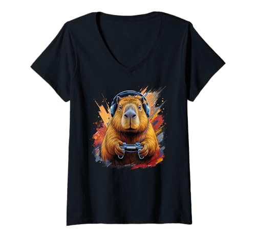 Damen Capybara spielt Videospiele Lustiges Spielen T-Shirt mit V-Ausschnitt Damen Capybara spielt Videospiele Lustiges Spielen T-Shirt mit V-Ausschnitt von Funny Animal Lover Outfit Gifts Boy Girl Kids
