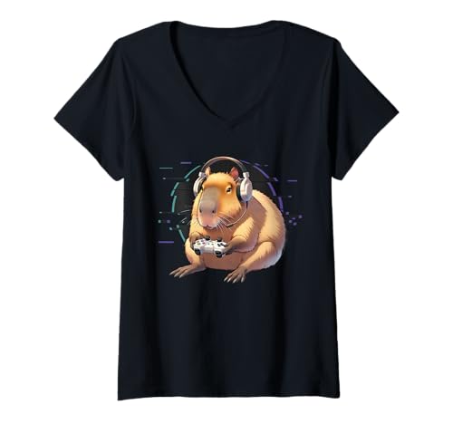 Damen Capybara spielt Videospiele Lustiges Spielen T-Shirt mit V-Ausschnitt Damen Capybara spielt Videospiele Lustiges Spielen T-Shirt mit V-Ausschnitt von Funny Animal Lover Outfit Gifts Boy Girl Kids