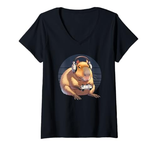 Damen Capybara spielt Videospiele Lustiges Spielen T-Shirt mit V-Ausschnitt Damen Capybara spielt Videospiele Lustiges Spielen T-Shirt mit V-Ausschnitt von Funny Animal Lover Outfit Gifts Boy Girl Kids