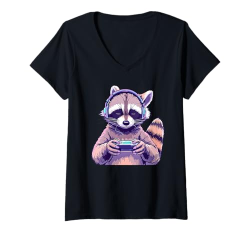 Damen Waschbär spielt Videospiele Lustiges Spielen T-Shirt mit V-Ausschnitt Damen Waschbär spielt Videospiele Lustiges Spielen T-Shirt mit V-Ausschnitt von Funny Animal Lover Outfit Gifts Boy Girl Kids