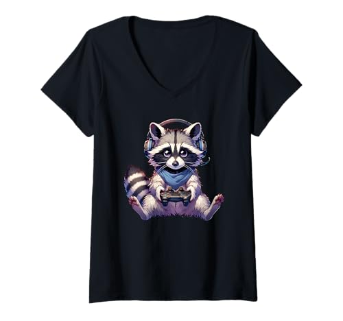 Damen Waschbär spielt Videospiele Lustiges Spielen T-Shirt mit V-Ausschnitt Damen Waschbär spielt Videospiele Lustiges Spielen T-Shirt mit V-Ausschnitt von Funny Animal Lover Outfit Gifts Boy Girl Kids
