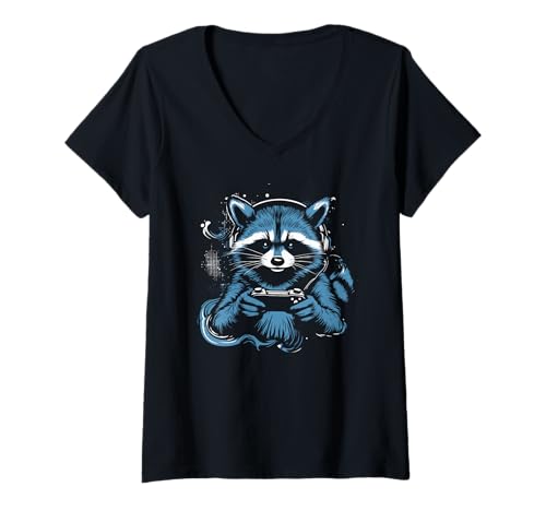 Damen Waschbär spielt Videospiele Lustiges Spielen T-Shirt mit V-Ausschnitt Damen Waschbär spielt Videospiele Lustiges Spielen T-Shirt mit V-Ausschnitt von Funny Animal Lover Outfit Gifts Boy Girl Kids