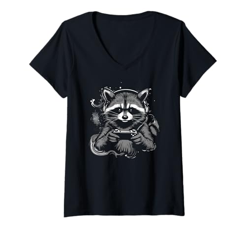 Damen Waschbär spielt Videospiele Lustiges Spielen T-Shirt mit V-Ausschnitt Damen Waschbär spielt Videospiele Lustiges Spielen T-Shirt mit V-Ausschnitt von Funny Animal Lover Outfit Gifts Boy Girl Kids