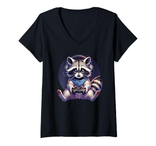 Damen Waschbär spielt Videospiele Lustiges Spielen T-Shirt mit V-Ausschnitt Damen Waschbär spielt Videospiele Lustiges Spielen T-Shirt mit V-Ausschnitt von Funny Animal Lover Outfit Gifts Boy Girl Kids
