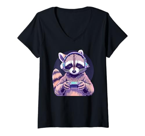Damen Waschbär spielt Videospiele Lustiges Spielen T-Shirt mit V-Ausschnitt Damen Waschbär spielt Videospiele Lustiges Spielen T-Shirt mit V-Ausschnitt von Funny Animal Lover Outfit Gifts Boy Girl Kids