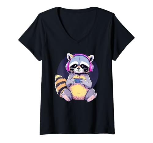 Damen Waschbär spielt Videospiele Lustiges Spielen T-Shirt mit V-Ausschnitt Damen Waschbär spielt Videospiele Lustiges Spielen T-Shirt mit V-Ausschnitt von Funny Animal Lover Outfit Gifts Boy Girl Kids