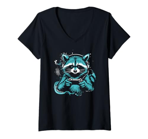 Damen Waschbär spielt Videospiele Lustiges Spielen T-Shirt mit V-Ausschnitt Damen Waschbär spielt Videospiele Lustiges Spielen T-Shirt mit V-Ausschnitt von Funny Animal Lover Outfit Gifts Boy Girl Kids