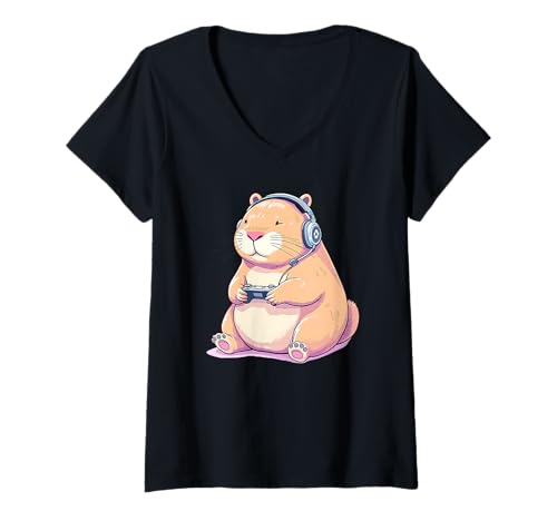Damen Capybara spielt Videospiele lustig T-Shirt mit V-Ausschnitt Damen Capybara spielt Videospiele lustig T-Shirt mit V-Ausschnitt von Funny Animal Lover Outfit Gifts Kids Adults