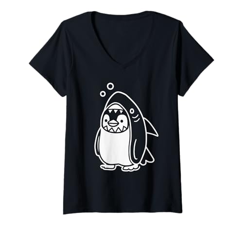 Damen Pinguin im Hai Kostüm Lustig Kawaii Tier Cartoon T-Shirt mit V-Ausschnitt von Funny Animal Mashup Art Co.