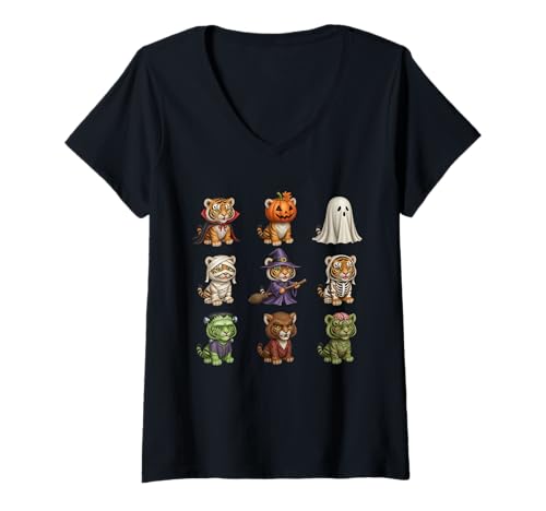 Damen Niedlicher gruseliger Tiger, Halloween-Party, Herren, Damen, Kinder T-Shirt mit V-Ausschnitt Damen Niedlicher gruseliger Tiger, Halloween-Party, Herren, Damen, Kinder T-Shirt mit V-Ausschnitt von Funny Animal Matching Halloween Tiger Lover