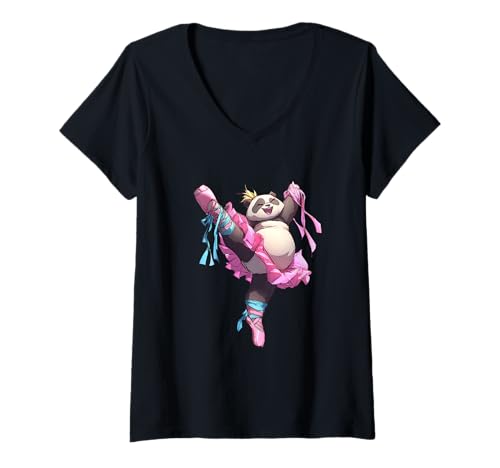 Damen Tanzender Panda im Ballettkleid T-Shirt mit V-Ausschnitt von Funny Animal Moves