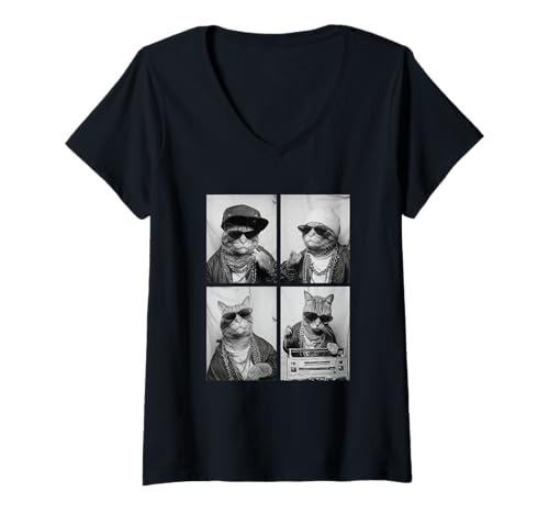 Damen 90er Jahre Lustige Gangster-Katzen Hip Hop Street Urban Animals Meme T-Shirt mit V-Ausschnitt von Funny Animal Photography Clothing Co.