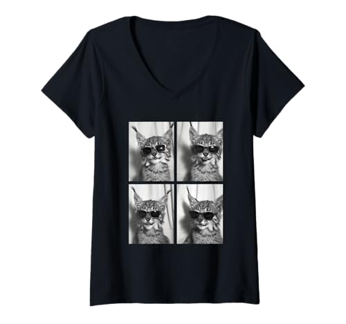 Damen Baby Bobcat mit Sonnenbrille Katze Tier Kätzchen Photo Booth T-Shirt mit V-Ausschnitt von Funny Animal Photography Clothing Co.