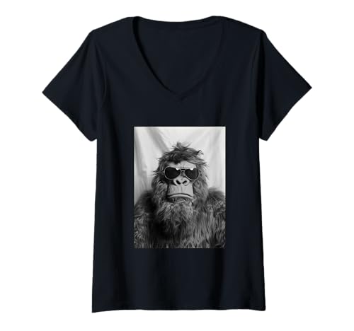 Damen Bigfoot mit Sonnenbrille Cool Forest Creature Photo Booth T-Shirt mit V-Ausschnitt von Funny Animal Photography Clothing Co.