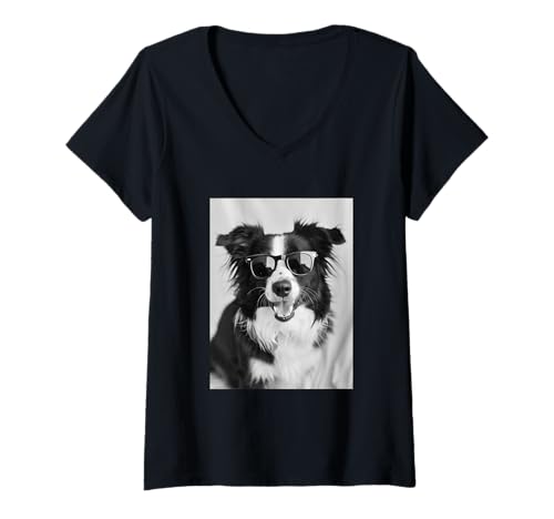 Damen Border Collie mit Sonnenbrille, Schäferhundeliebhaber, Fotokabine T-Shirt mit V-Ausschnitt von Funny Animal Photography Clothing Co.