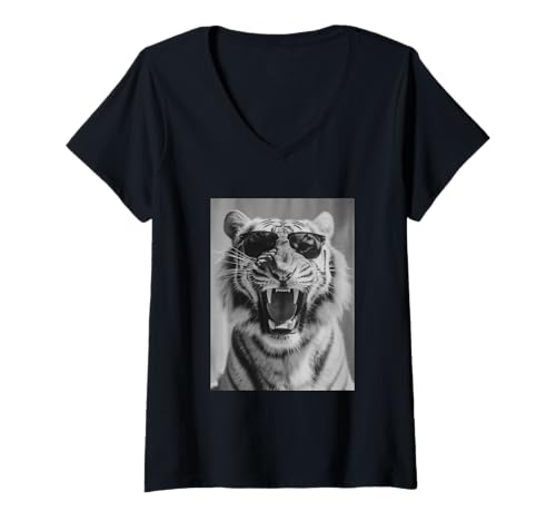 Damen Brüllender Tiger mit Sonnenbrille, stylisches Katzenfoto T-Shirt mit V-Ausschnitt von Funny Animal Photography Clothing Co.