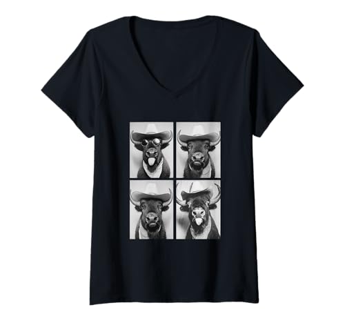 Damen Cowboy Bison mit Sonnenbrille Bauernhof Tier Photo Booth Western T-Shirt mit V-Ausschnitt Damen Cowboy Bison mit Sonnenbrille Bauernhof Tier Photo Booth Western T-Shirt mit V-Ausschnitt von Funny Animal Photography Clothing Co.