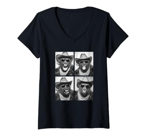 Damen Cowboy Gorillas mit Sonnenbrille Tier Photo Booth Western T-Shirt mit V-Ausschnitt von Funny Animal Photography Clothing Co.