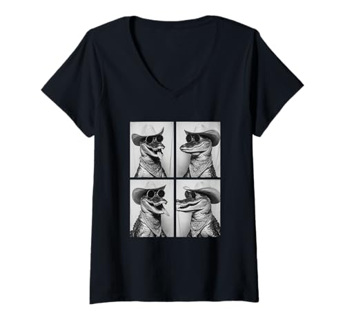 Damen Cowboy Krokodile mit Sonnenbrille Tier Photo Booth Western T-Shirt mit V-Ausschnitt von Funny Animal Photography Clothing Co.