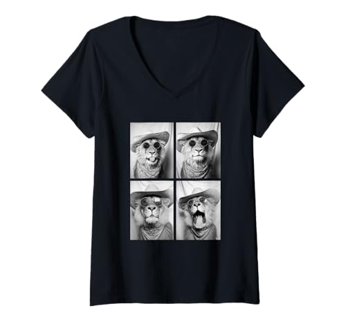 Damen Cowboy Löwen mit Sonnenbrille Tier Fotokabine Western Meme T-Shirt mit V-Ausschnitt von Funny Animal Photography Clothing Co.