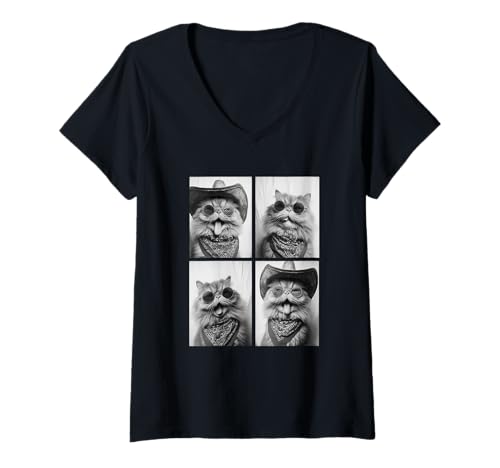 Damen Cowboy Persische Katze Sonnenbrille Tier Photo Booth Haustier Western T-Shirt mit V-Ausschnitt von Funny Animal Photography Clothing Co.