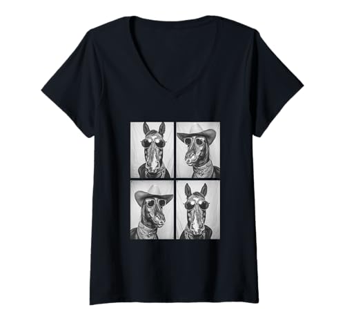 Damen Cowboy Pferd mit Sonnenbrille Bauernhof Tier Fotokabine T-Shirt mit V-Ausschnitt von Funny Animal Photography Clothing Co.