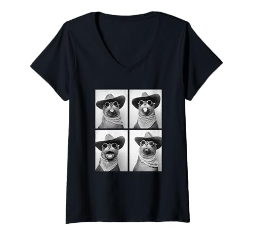 Damen Cowboy Seals mit Sonnenbrille Tier Photo Booth Western T-Shirt mit V-Ausschnitt von Funny Animal Photography Clothing Co.