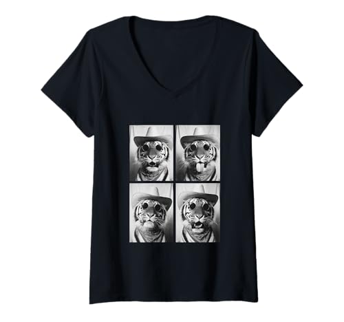 Damen Cowboy Tiger mit Sonnenbrille Tier Fotokabine Western Meme T-Shirt mit V-Ausschnitt von Funny Animal Photography Clothing Co.